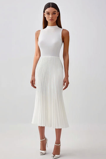 High Neck Sheath Pleated White Long Work Dress